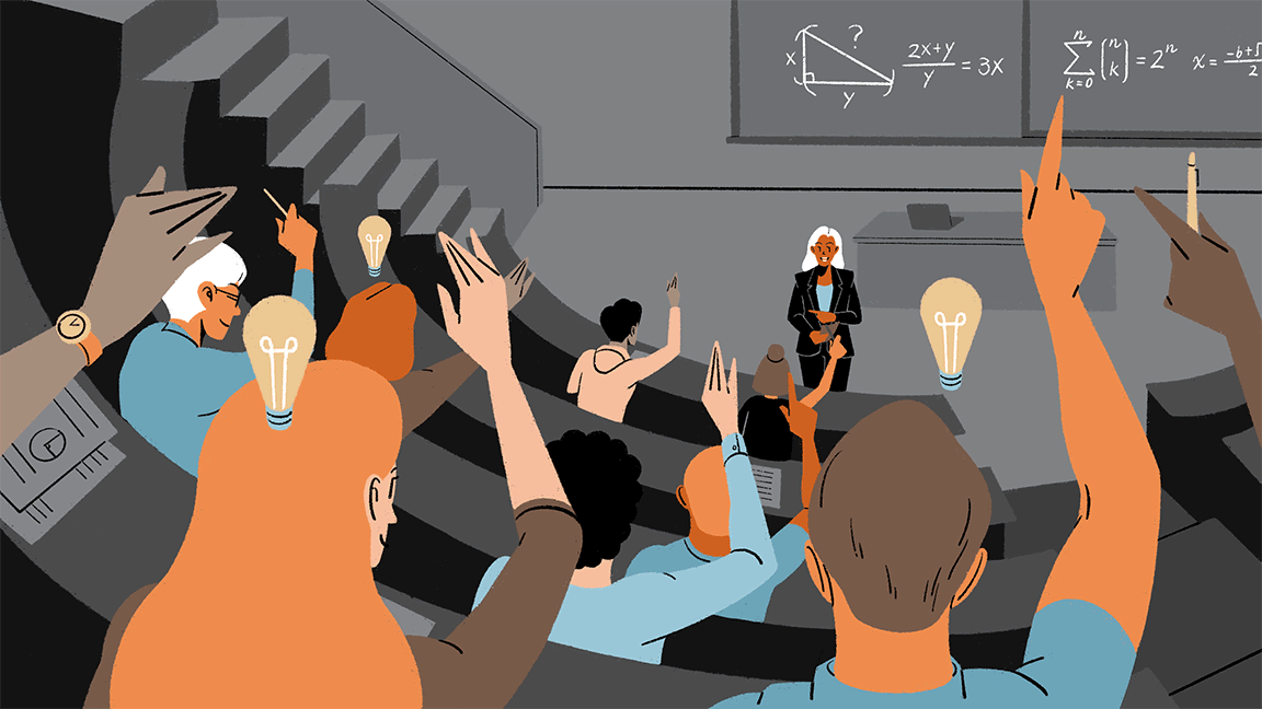 An animation of students seated in a theater-style classroom with hands raised and light bulbs flashing above their heads. 