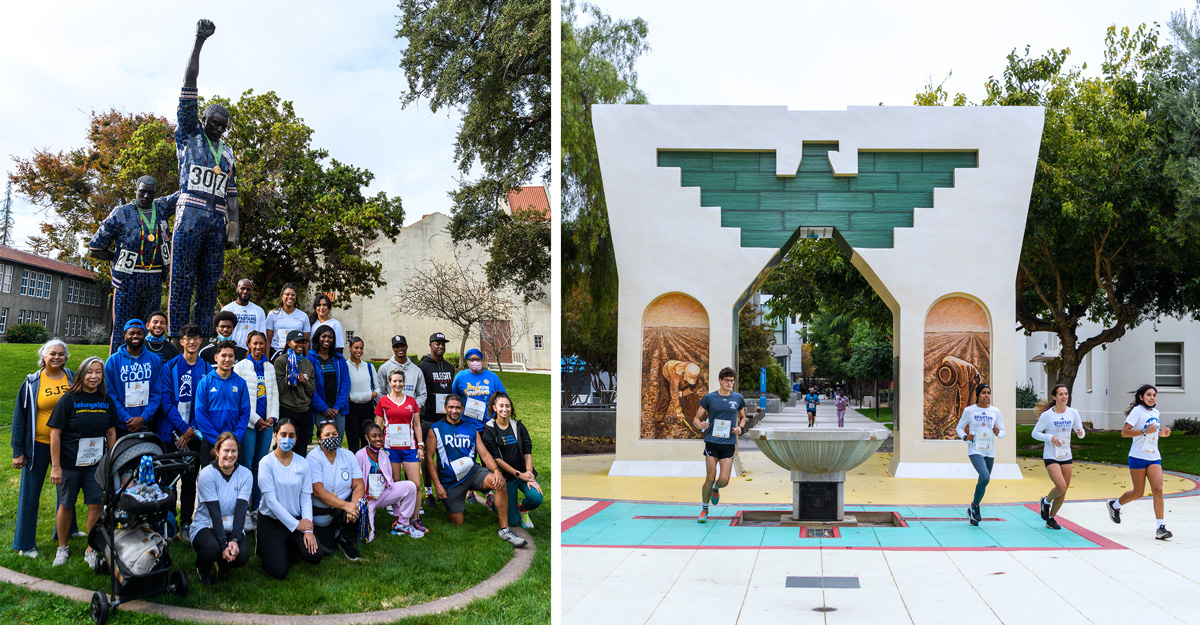 Legacy Run participants posing in front of the Tommie Smith and John Carlos statueon campus and running through the cesar arch.