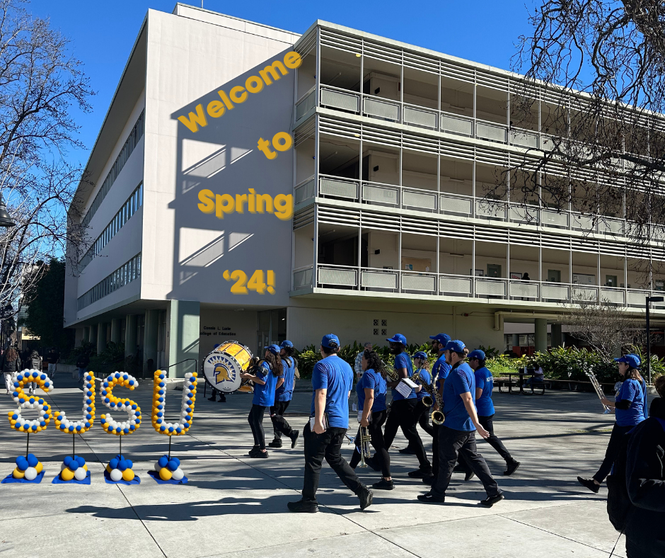 photo of Sweeney Hall with marching band in front with welcome to spring 24 in yellow text