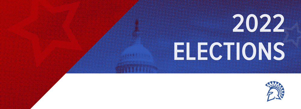 2022 Elections on a red, blue and white graphic and spartan helmet banner.