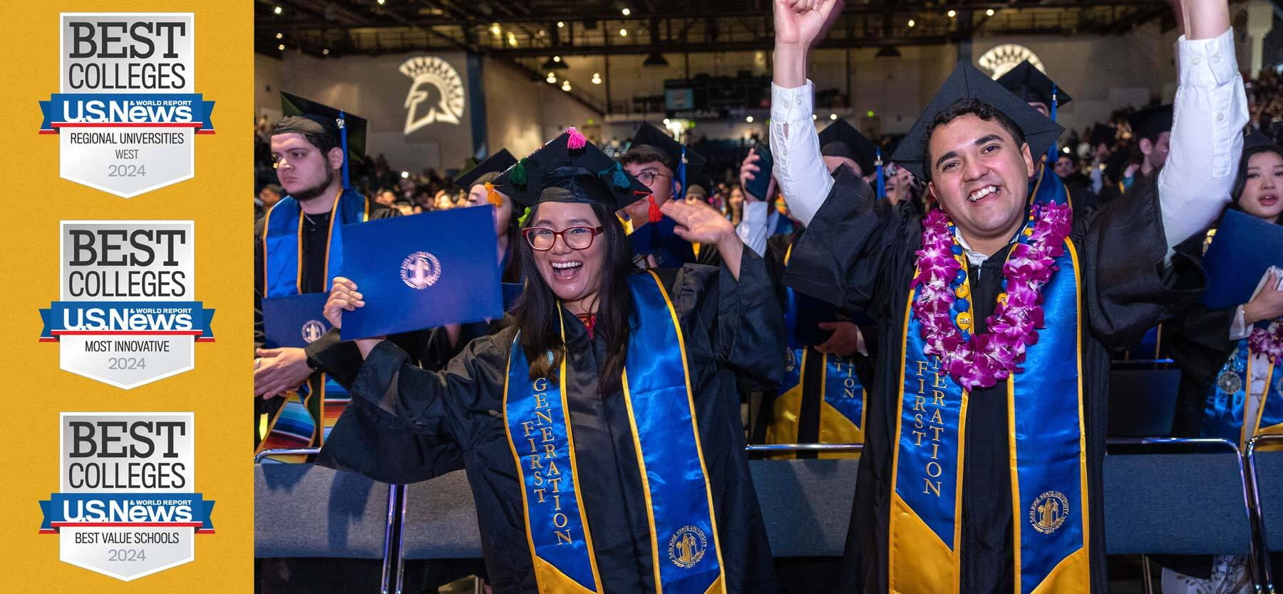 US News badges with two SJSU graduating students cheering