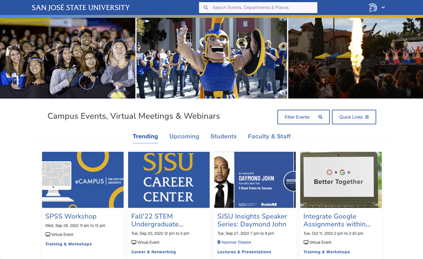 Dashboard of the events calendar showing SJSU events.
