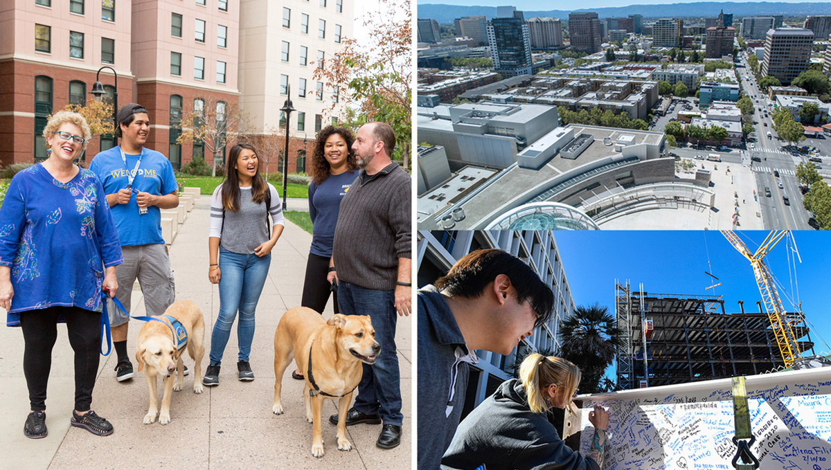 SJSU community members on campus and a view of the city of San Jose.