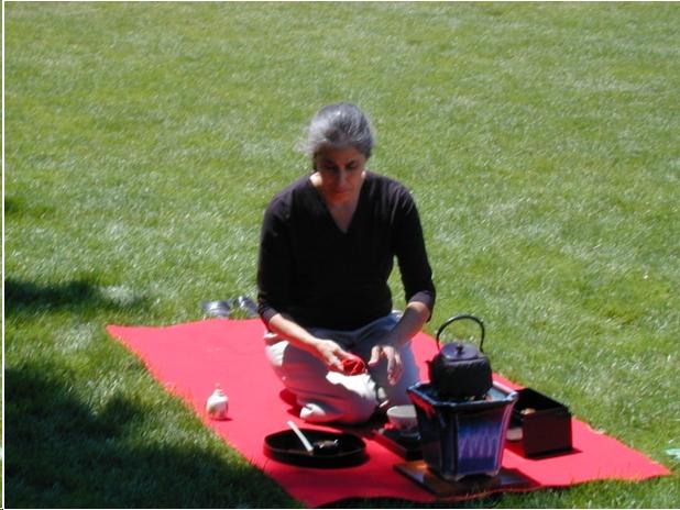 A Caucasian woman with dark hair in a black jersey and beige pants sits on a red cloth in the grass making tea. You can see a small brazier with a iron water pot on top of it. A box to hold the tea utensils and a tray sit near the brazier. The woman is concentrating on preparing tea.