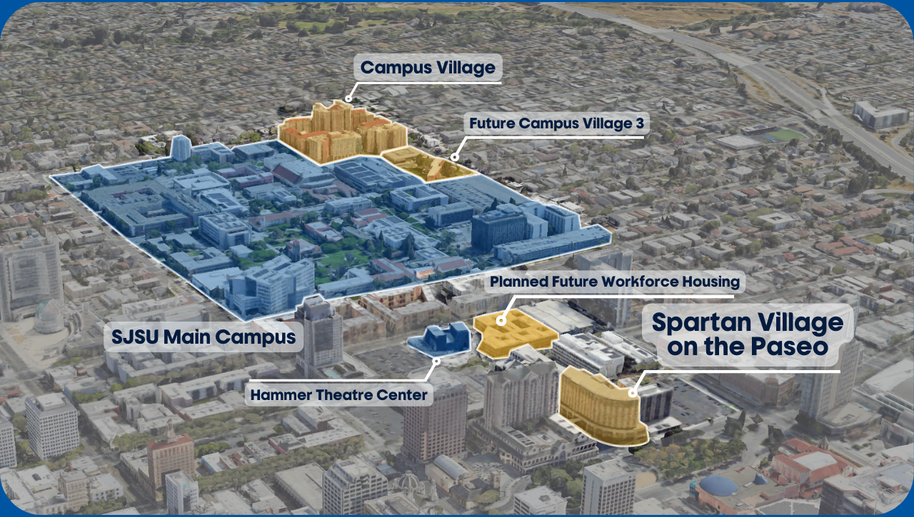 Aerial map of the downtown area showing SJSU residential projects highlighted in gold including Spartan Village on the Paseo, workforce housing at the Alquist building, existing Spartan Villages, and the future Campus Village 3 student housing.