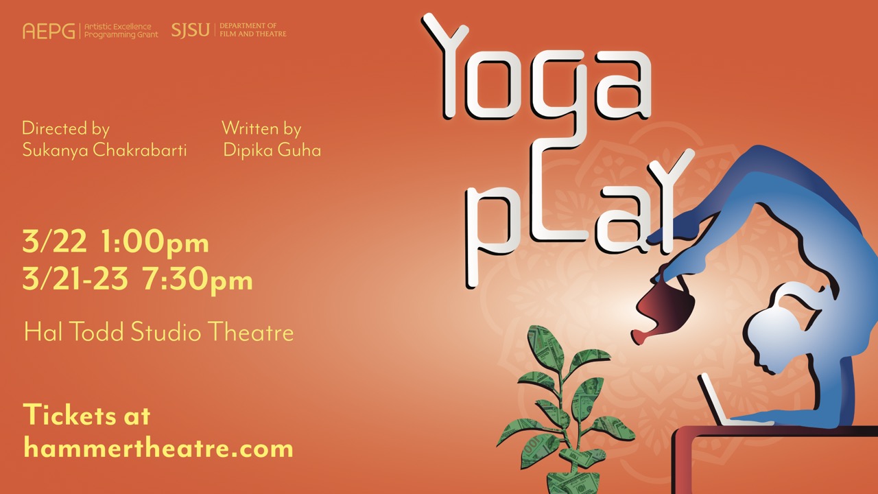 Yoga Play promotional poster with woman in an inverted yoga pose while working on her laptop and watering a house plant with her feet.