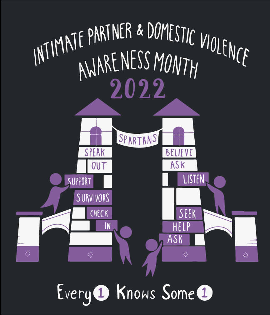 Intimate Partner and Domestic Violence Month with campus arch