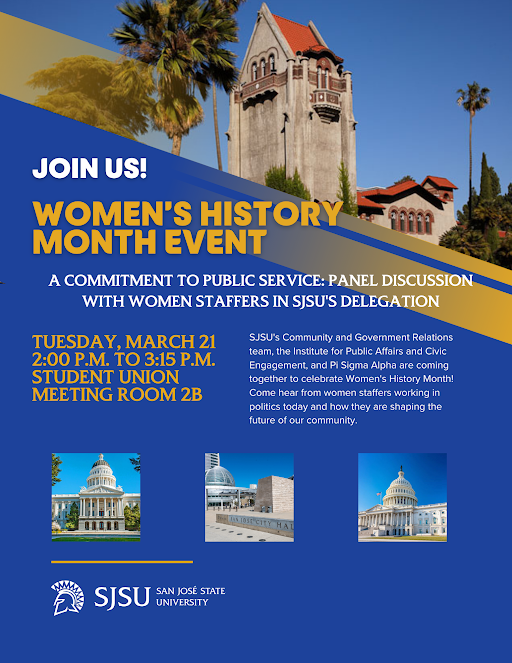 Flyer with pictures of Washington DC capitol, SJSU Tower, San Jose City Hall, Califoria State Capitol