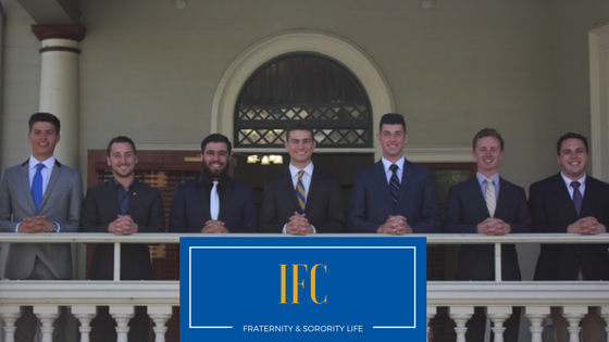 Group of young men wearing suits; IFC Fraternity & Sorority Life banner
