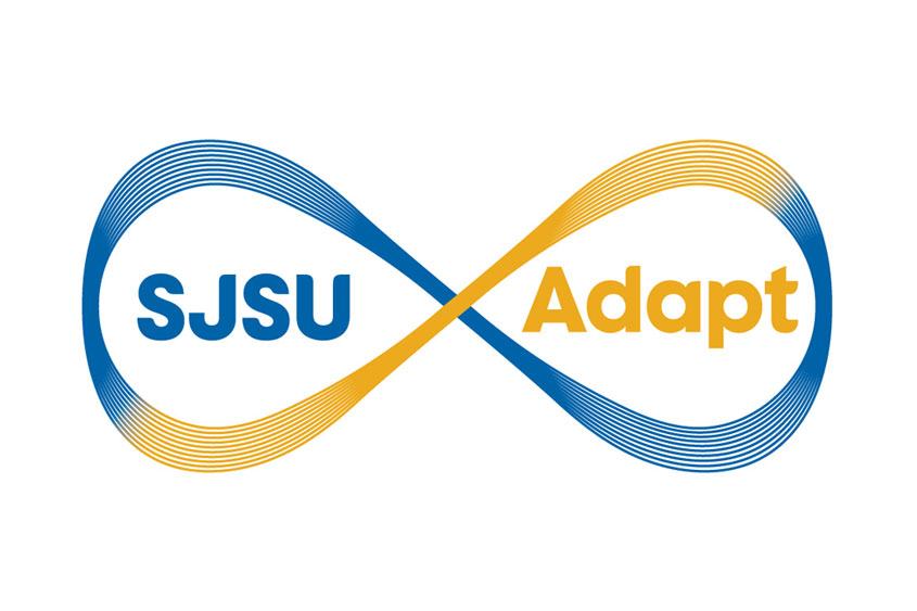 Blue and gold infinity symbol with the words SJSU Adapt looped within.