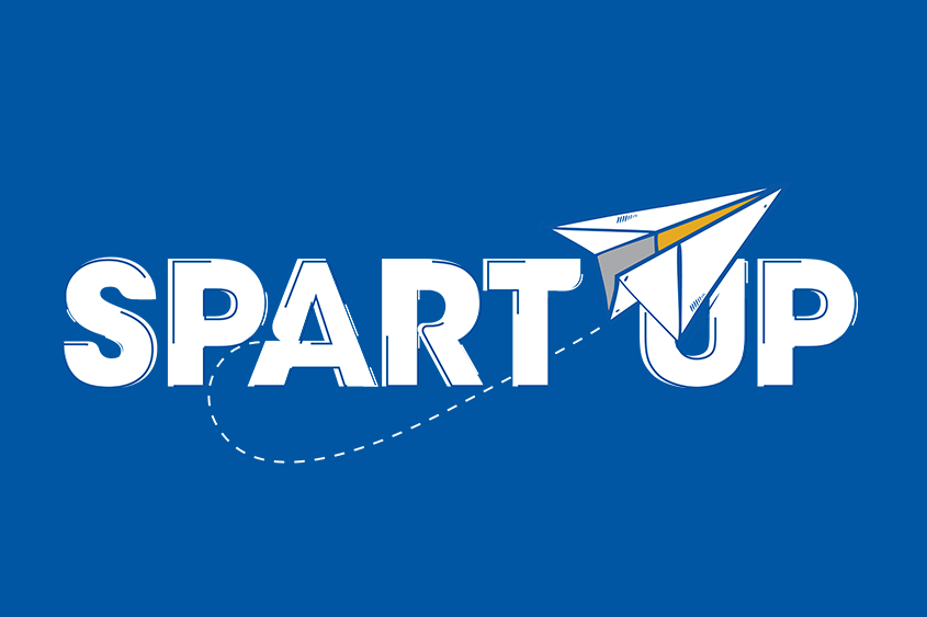 A cartoon-style paper plane floats across the words Spart Up. A dotted line indicates its flight path.