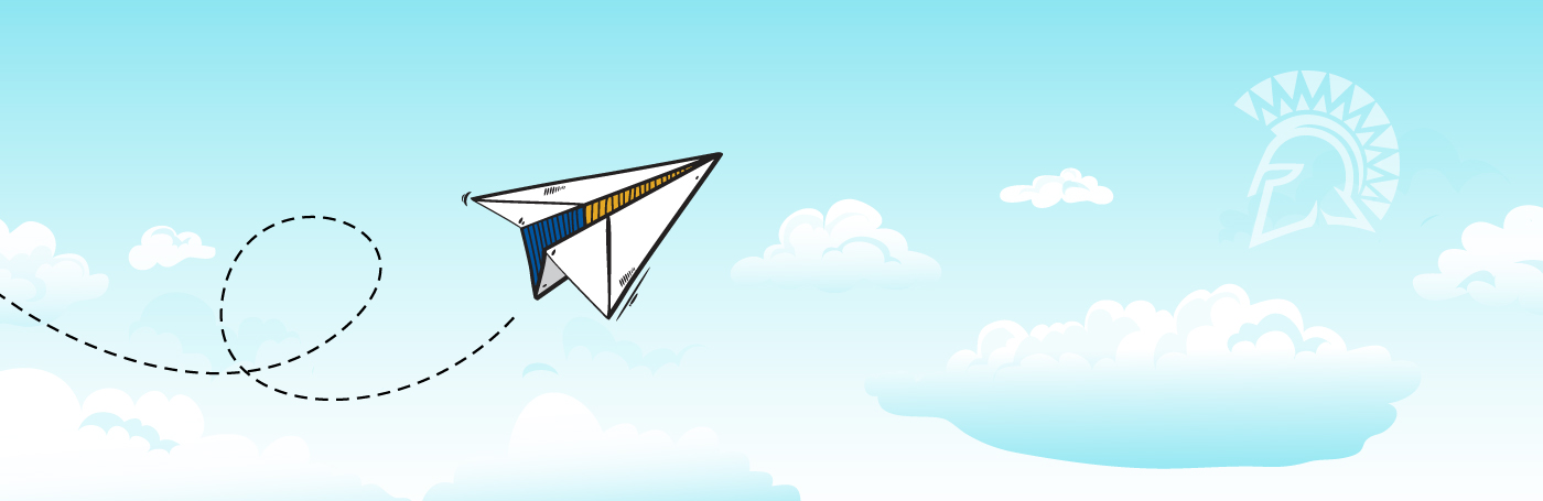A cartoon-style paper plane floats across a light blue sky, with a dotted line behind it, indicating its flight path.