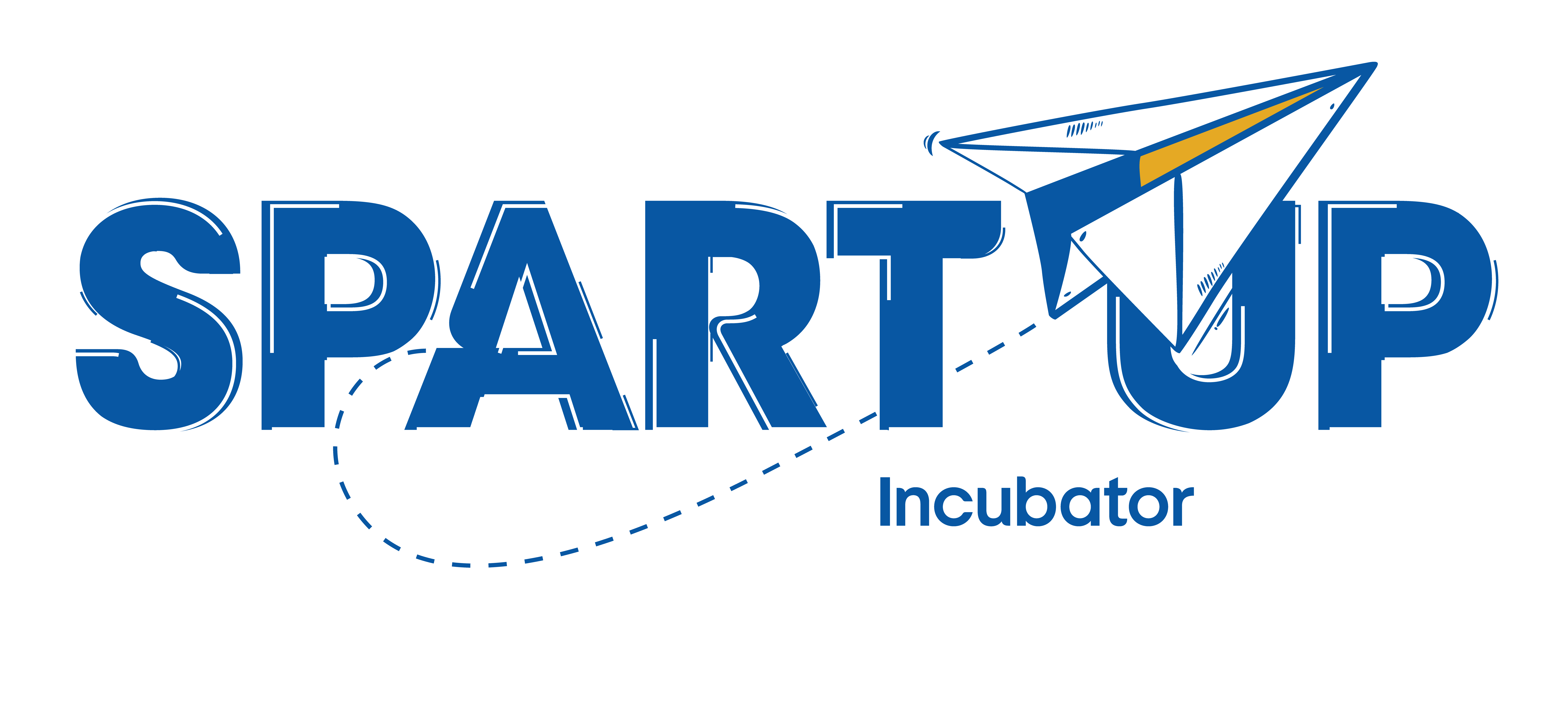 The SpartUp logo: Block letters spell the words Spart and Up, and a cartoon-style paper airplane bisects the words, a dotted line indicating its path.