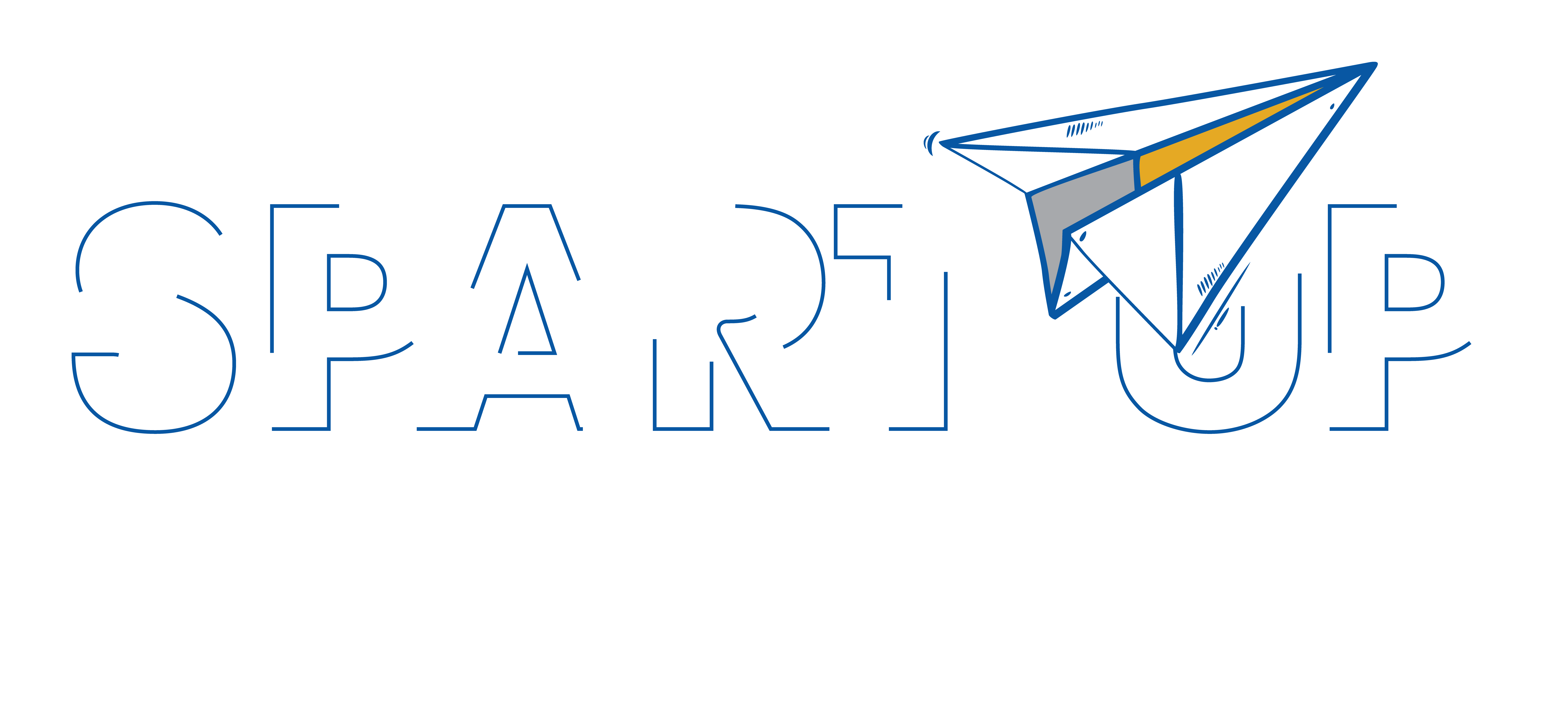 A cartoon style paper plane soars upward between the words "Spart" and "Up," with a dotted line indicating its flight path.a dot