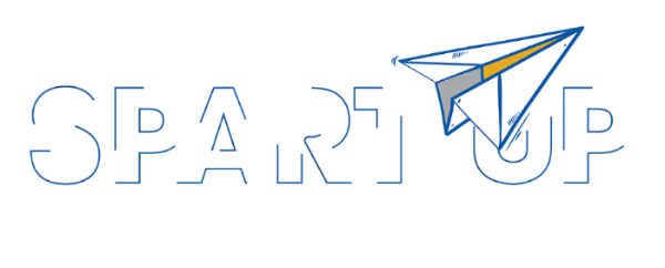 SpartUp logo: the words Spart and Up in block capitals, intersected by a cartoon-style paper airplane with a dotted line that indicates its flight path.