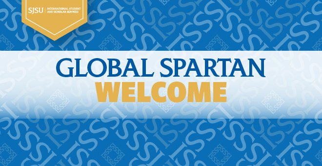 Decorative banner reading Global Spartan Welcome, blue and gold colors