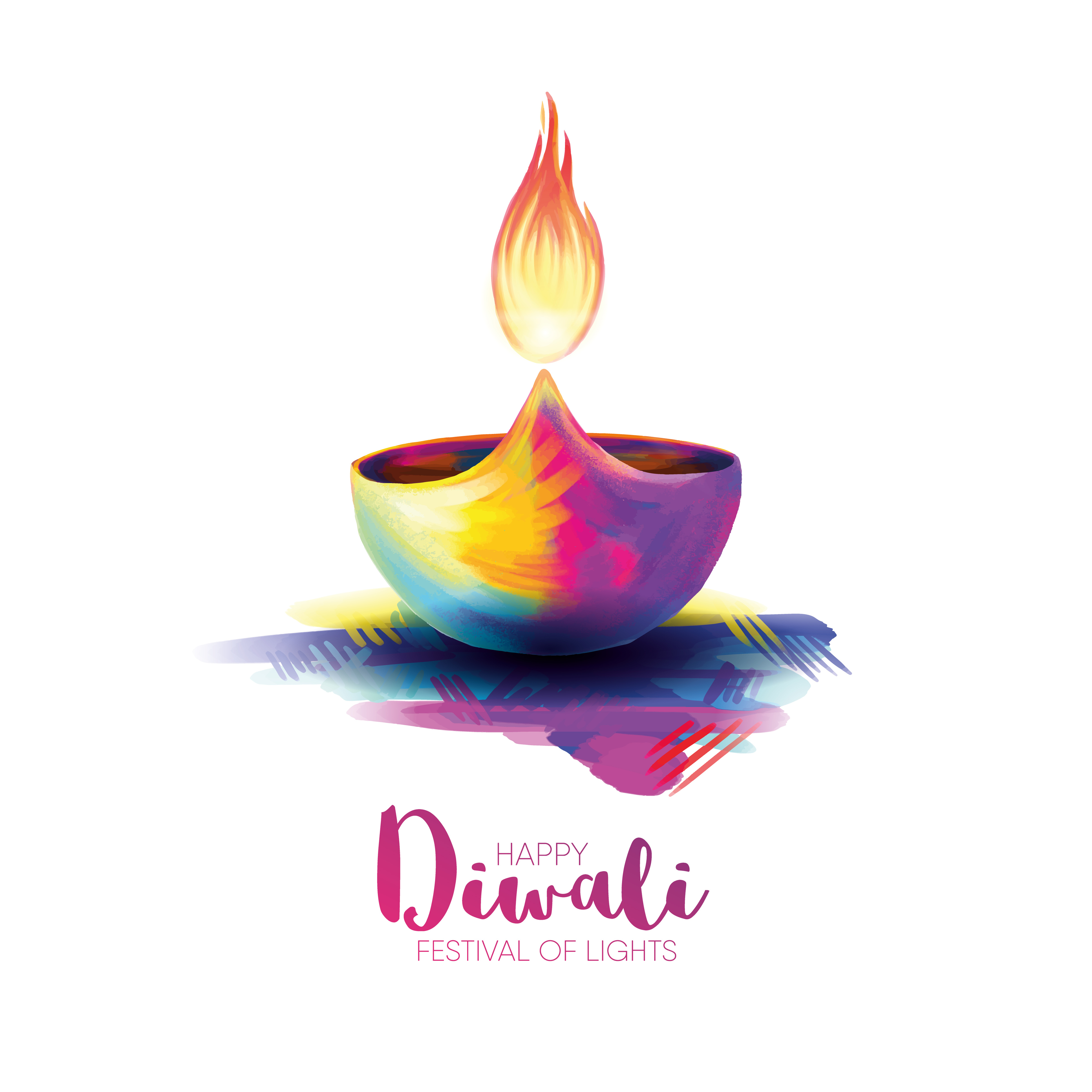 A colorful painted-style diya with the caption "Happy Diwali Festival of Lights"