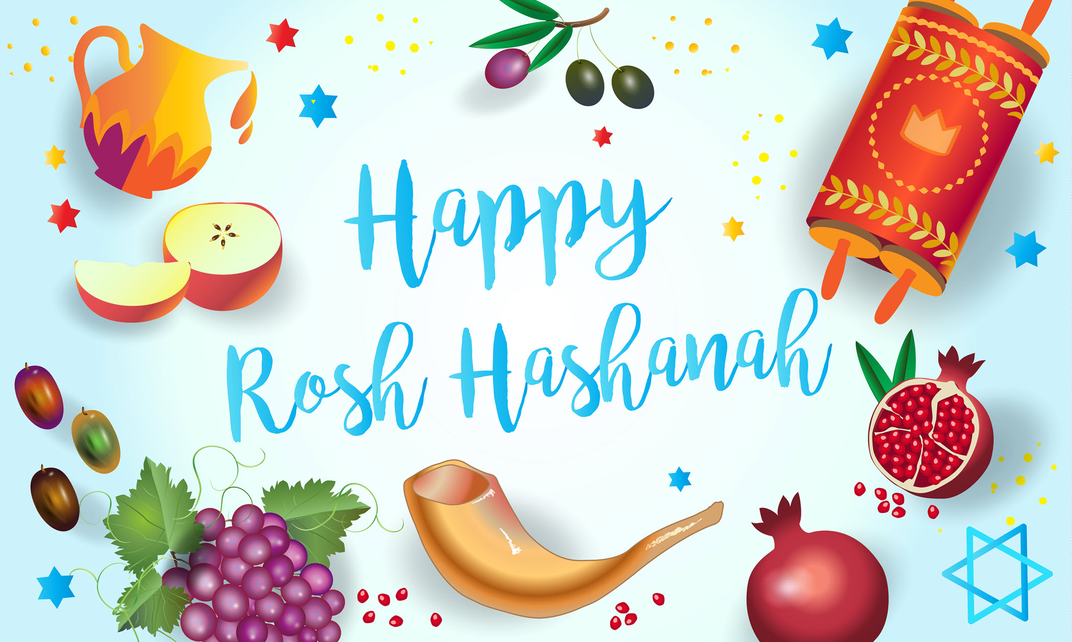 Happy Rosh Hashanah surrounded by images of fruit, honey, a torah scroll, and a shofar