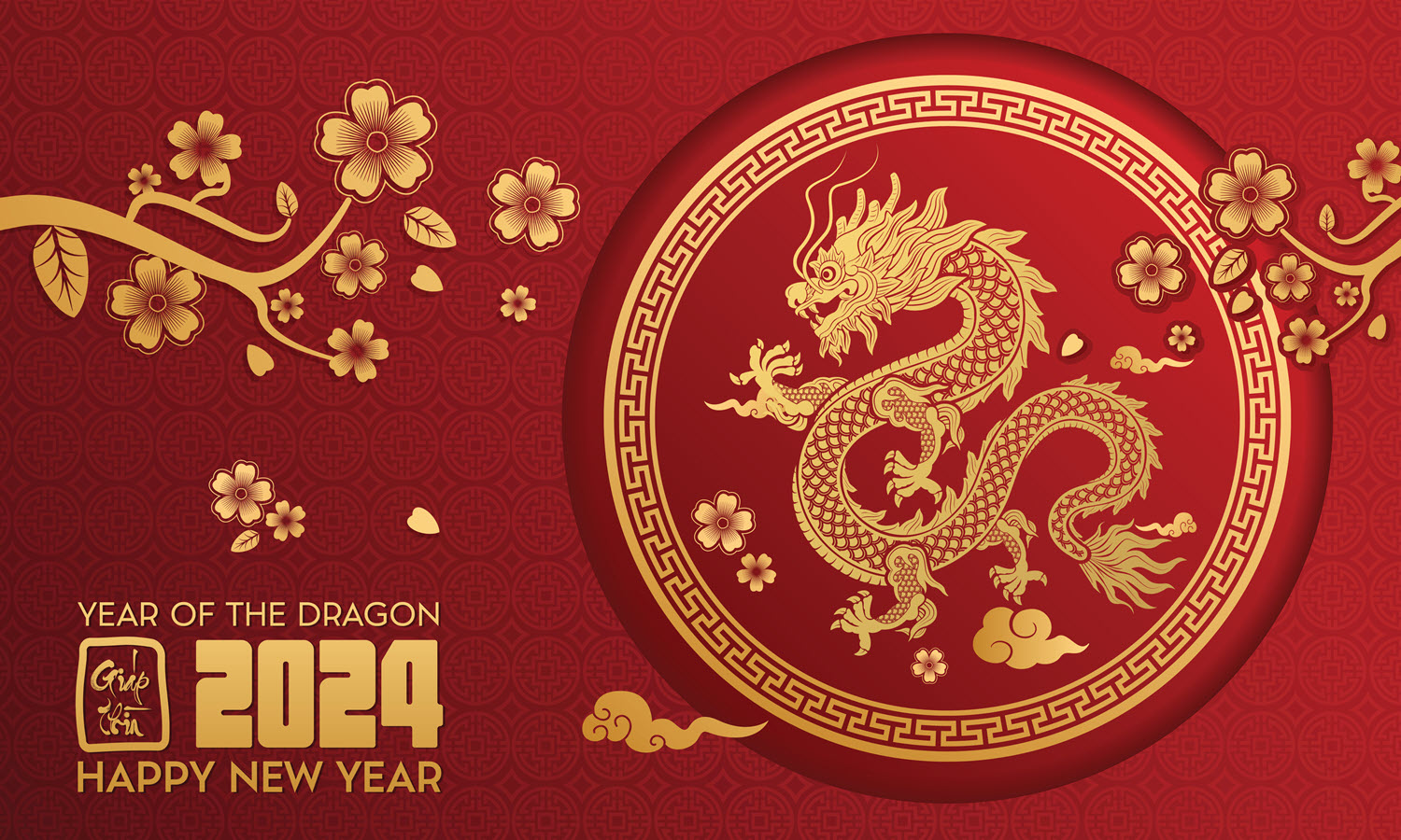 Year of the dragon 2024 Happy new year with gold flowers and dragon on a red background 
