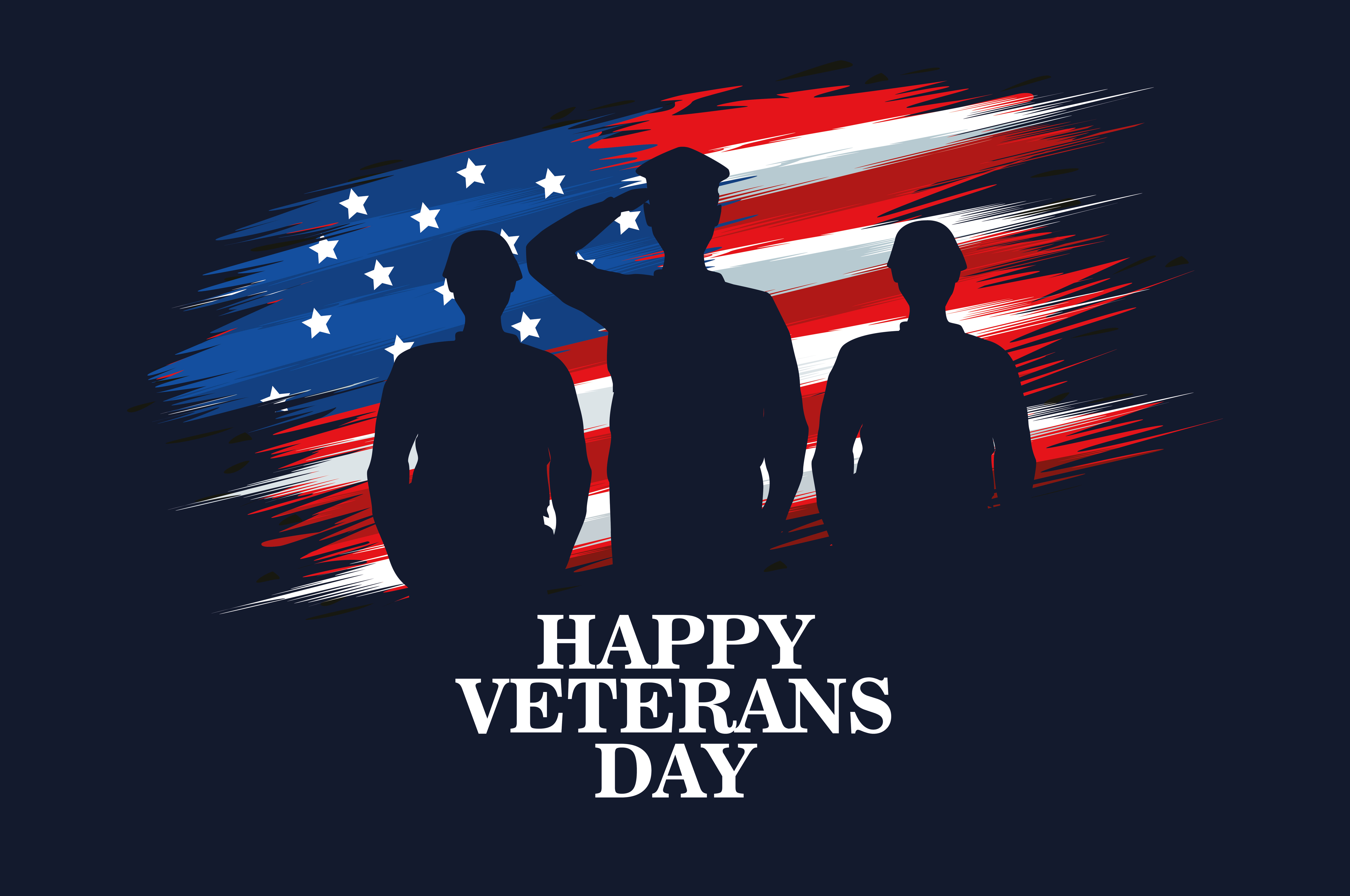 Stylized United States flag in the background with armed service persons silhouettes in the foreground with the caption "Happy Veterans Day"