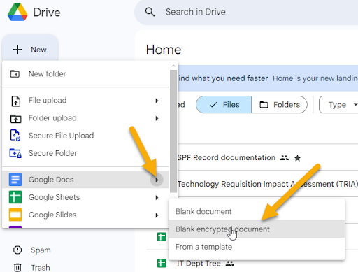 Selecting the Blank Encrypted document option in Google Drive with Virtru installed.