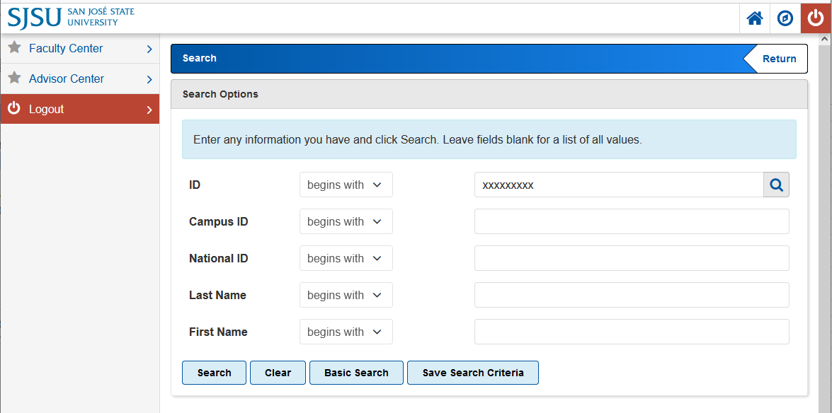 MySJSU Advisor Search Screen
