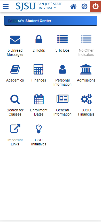MYSJSU Student Mobile (Browser) View of Student Center on successful Login