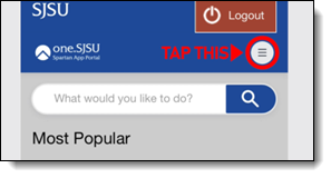 One.sjsu.edu Mobile Menu Button with words "Tap This"
