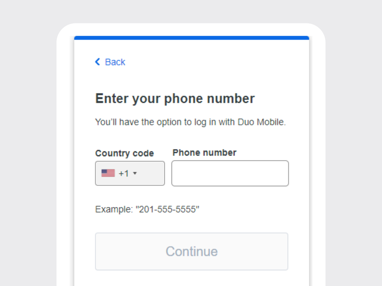Prompt to enter phone number to login Duo Mobile.