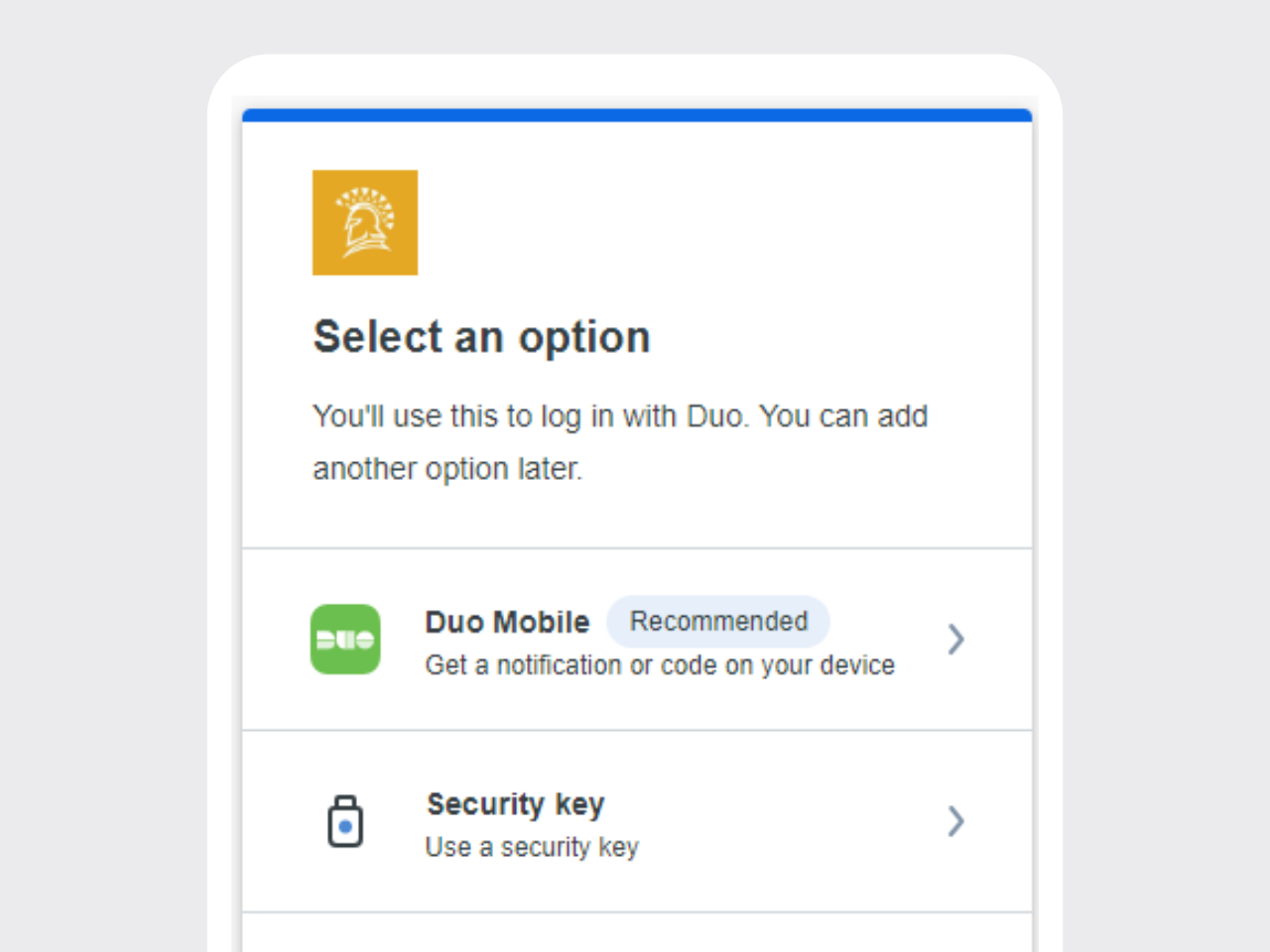 Option select for Duo Mobile or Security Key.