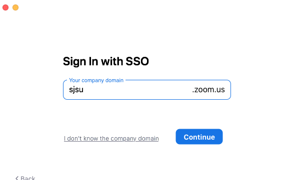 Zoom signin with SSO by entering SJSU.