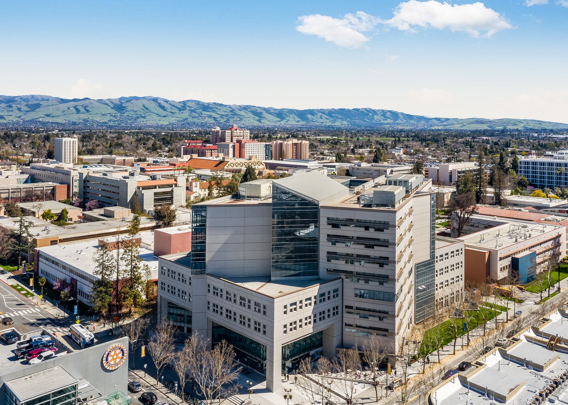 A drone shot of King Library