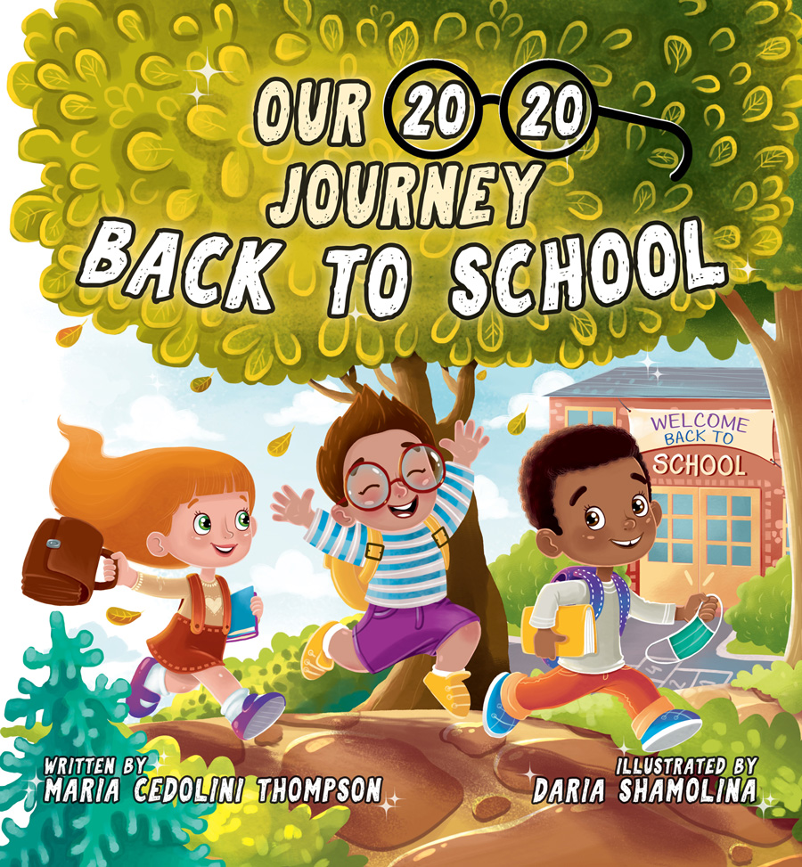 Front cover illustration of three kids running outside of their school.