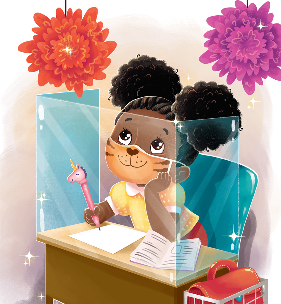 A young Black girl sits in her desk with a clear protector wrapped in front of her.