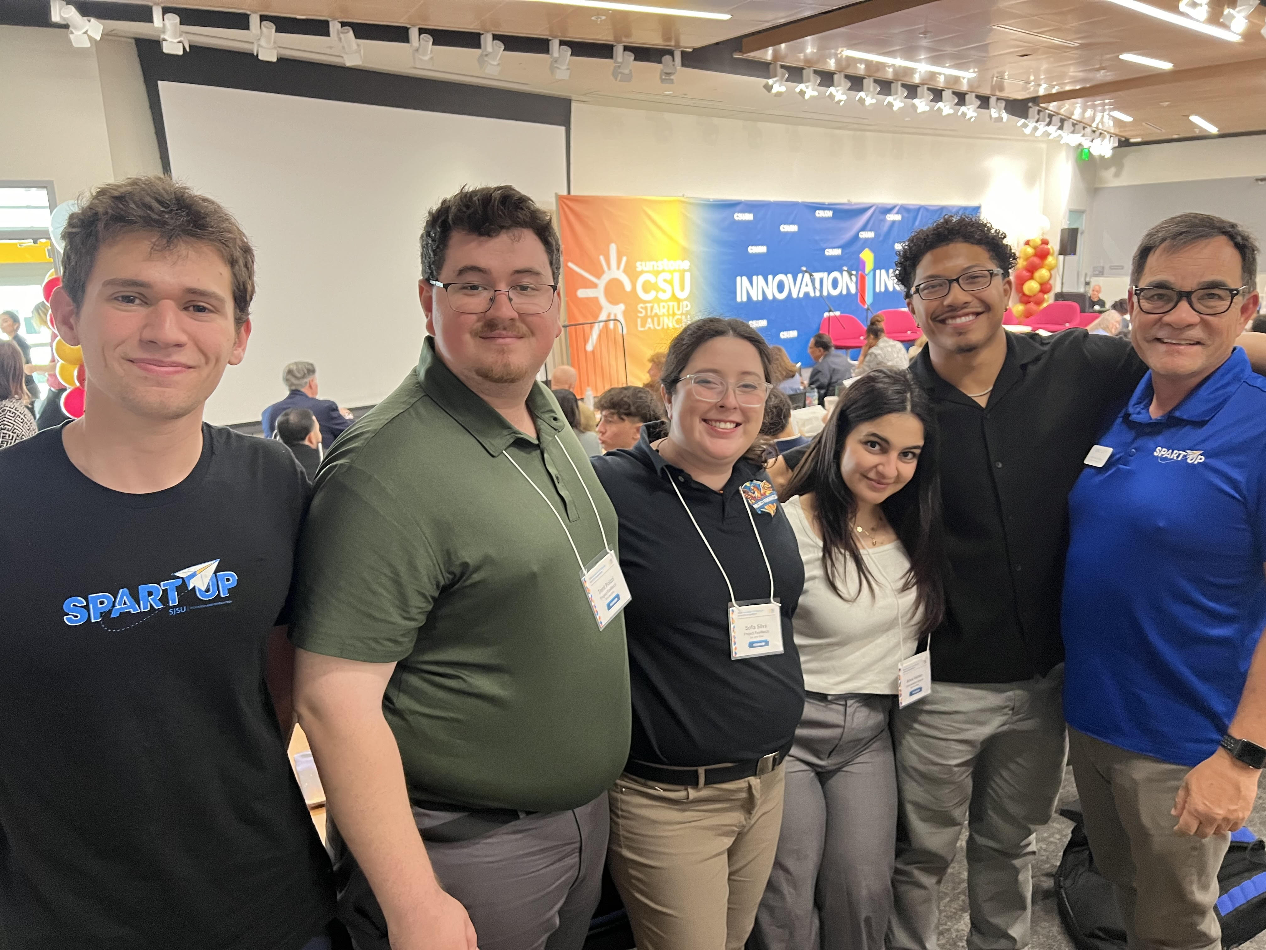 Members of SJSU student led startups Project Firewatch and Concussion Coach gather at a startup competition. Student entrepreneurship, STEM, adaptive devices, Project Firewatch, Concussion Coach, Sofia Silva, Huston Scharnagl, Andrew Jenkins