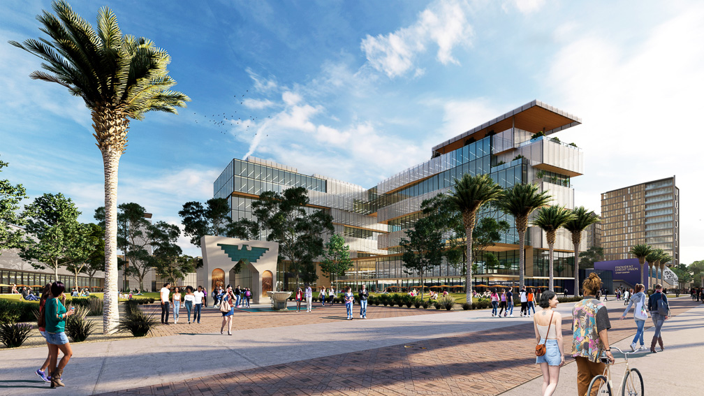 Rendering of a new building in the heart of campus: a mixed use social and academic programming building that redefines the Main Campus skyline.
