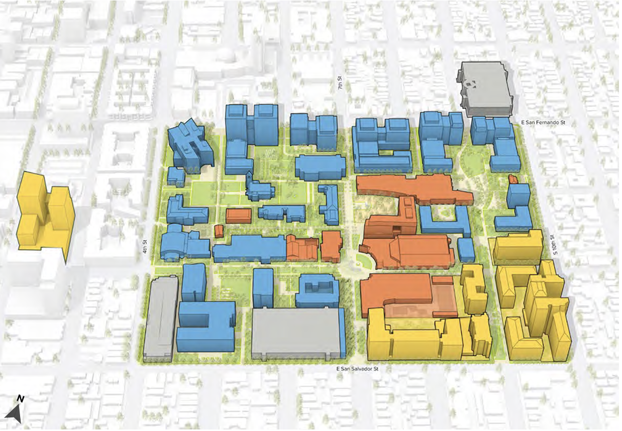 Schematic diagram showing all new and existing campus buildings colored according to use type.