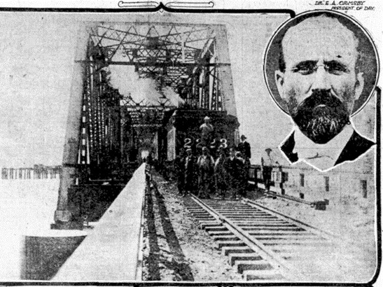 Old postcard of first train to cross the bridge