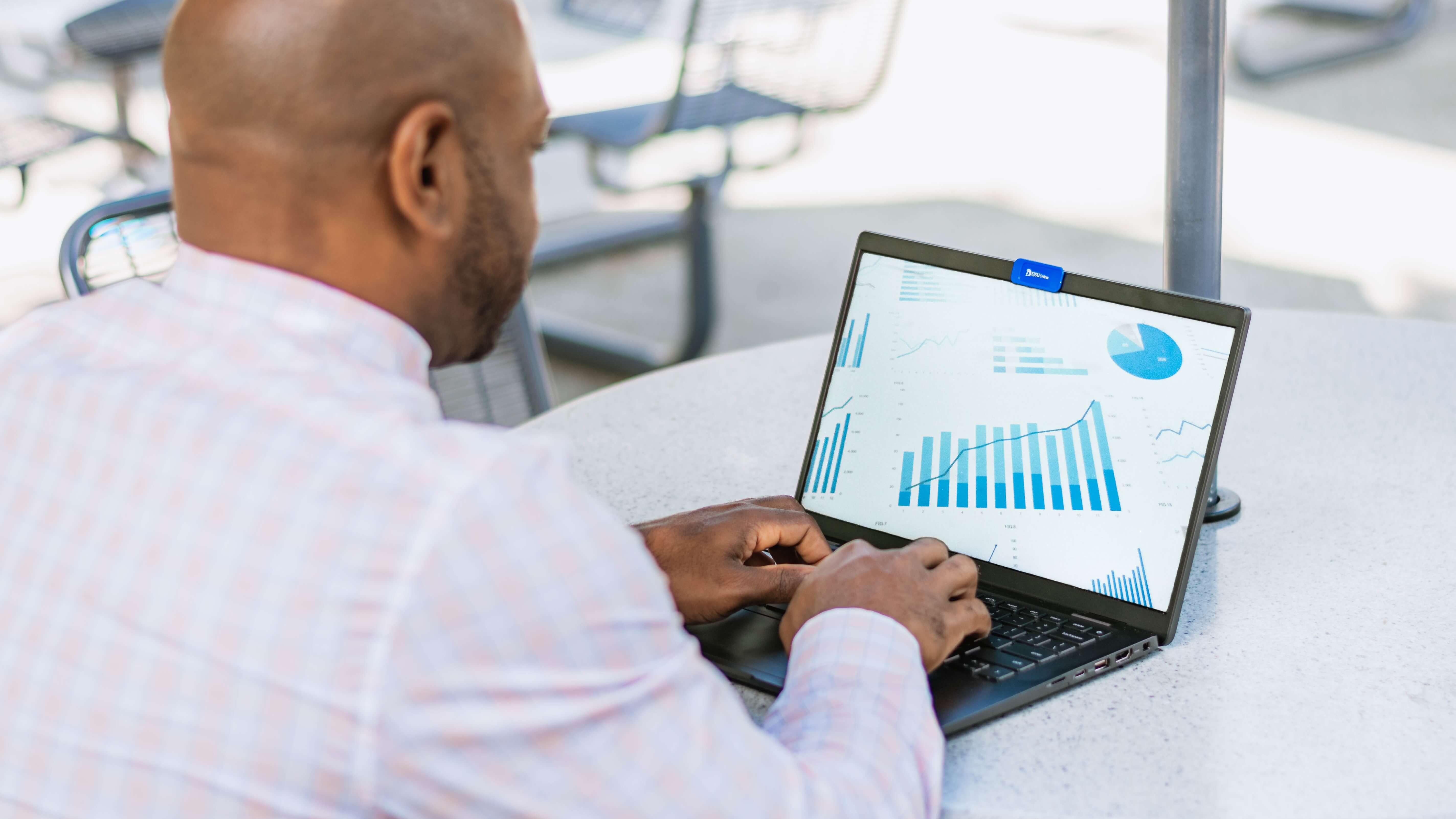 Student analyzing economic charts on a laptop