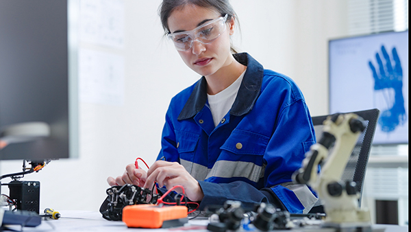 Female healthcare engineer student with project