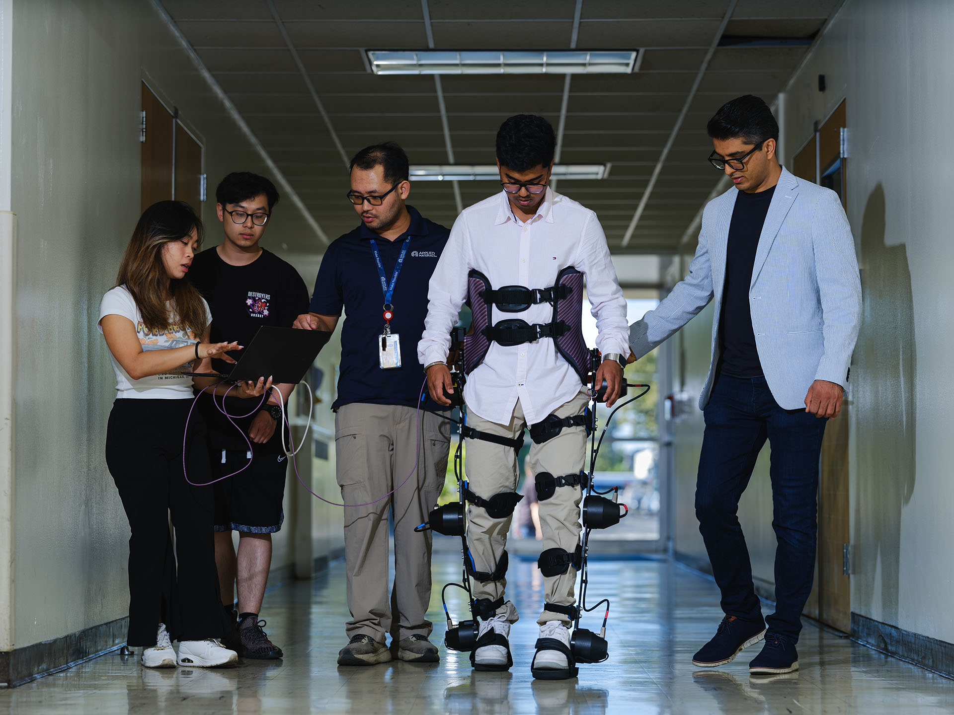 SJSU healthcare engineering students with an exoskeleton project