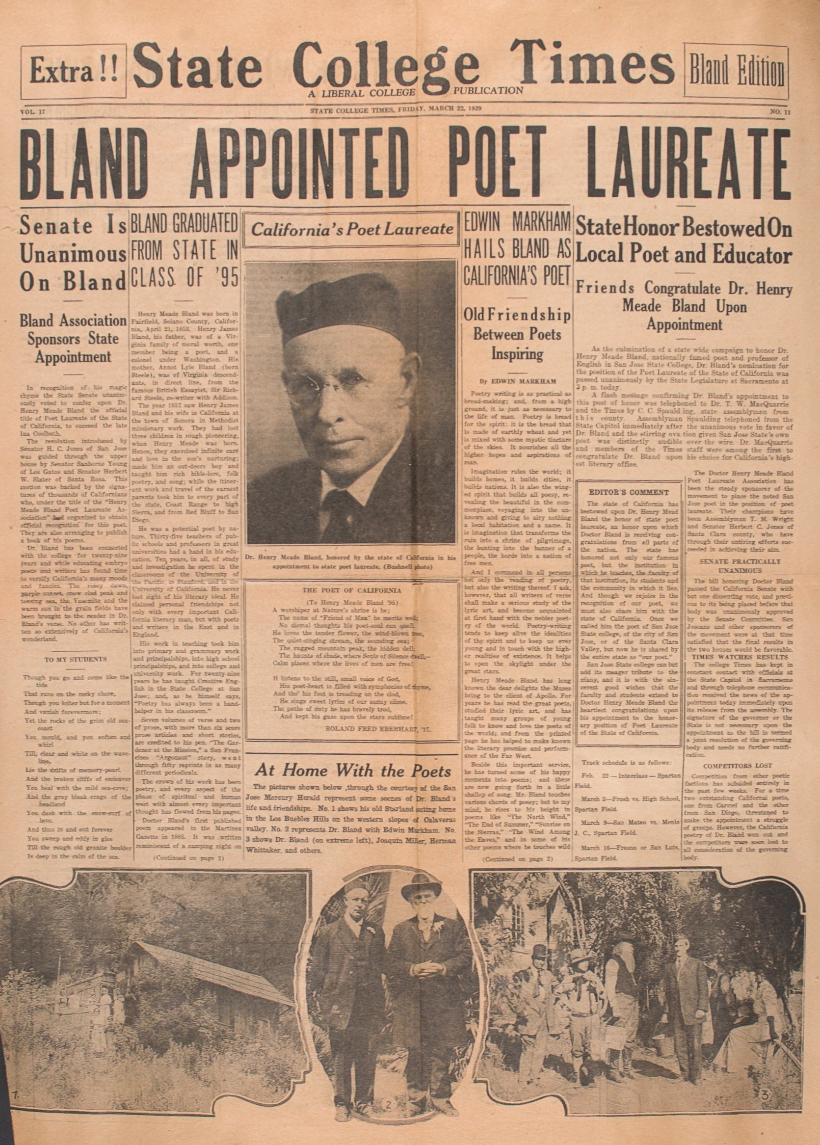 March 22, 1929 edition SJ State Teacher's College newspaper with story of Dr. Bland being named CA poet laureate