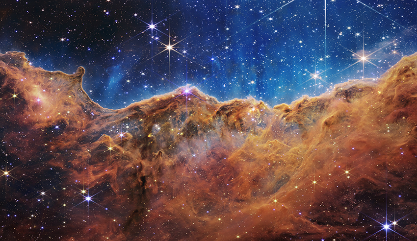 James Webb Space Telescope image of the "Cosmic Cliffs" in the Carina Nebula.