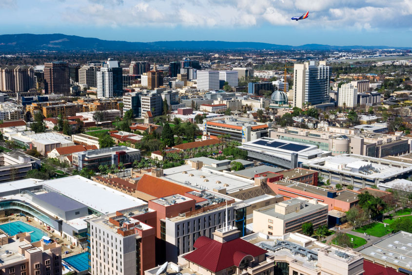 Aerial view of SJSU campus and downtown San Jose.