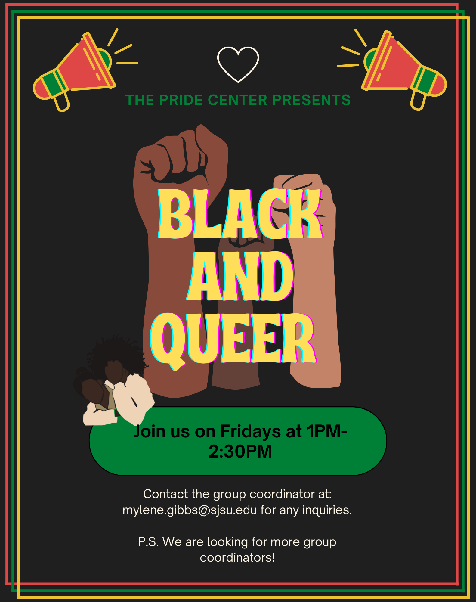 Megaphones announcing Black and Queer Meetup with 3 black fists raised.