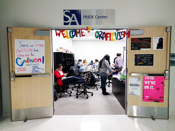 Entrance to the center, with sign that says Craftivism across the doorway.