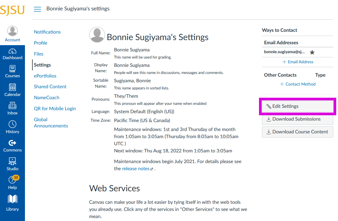 Screenshot of Canvas, purple box highlighing location of Edit Settings button.