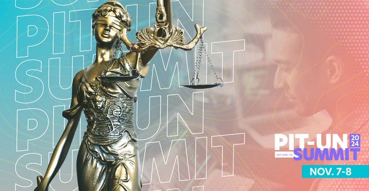 A gold sculpture of the lady justice with the words PIT-UN Summit repeated in the background with a student working on his computer.