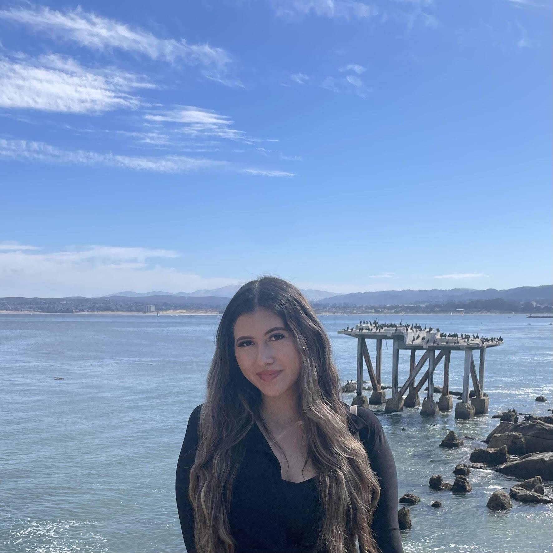 Hispanic woman, with long, brown hair, wearing black suit jacket, smiling, standing in front of sea-shore with wooden pier in background.