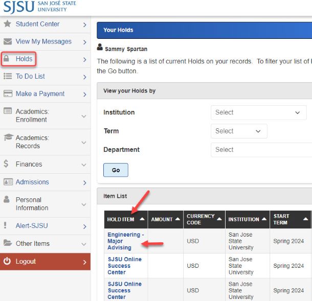 Where to click to find the details of the hold on MySJSU